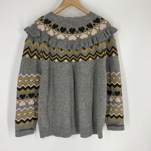 Ted Baker Sweater Size 3 Women Medium Gray Mysheli Fair Isle Ruffle Heart Preppy - Picture 5 of 8